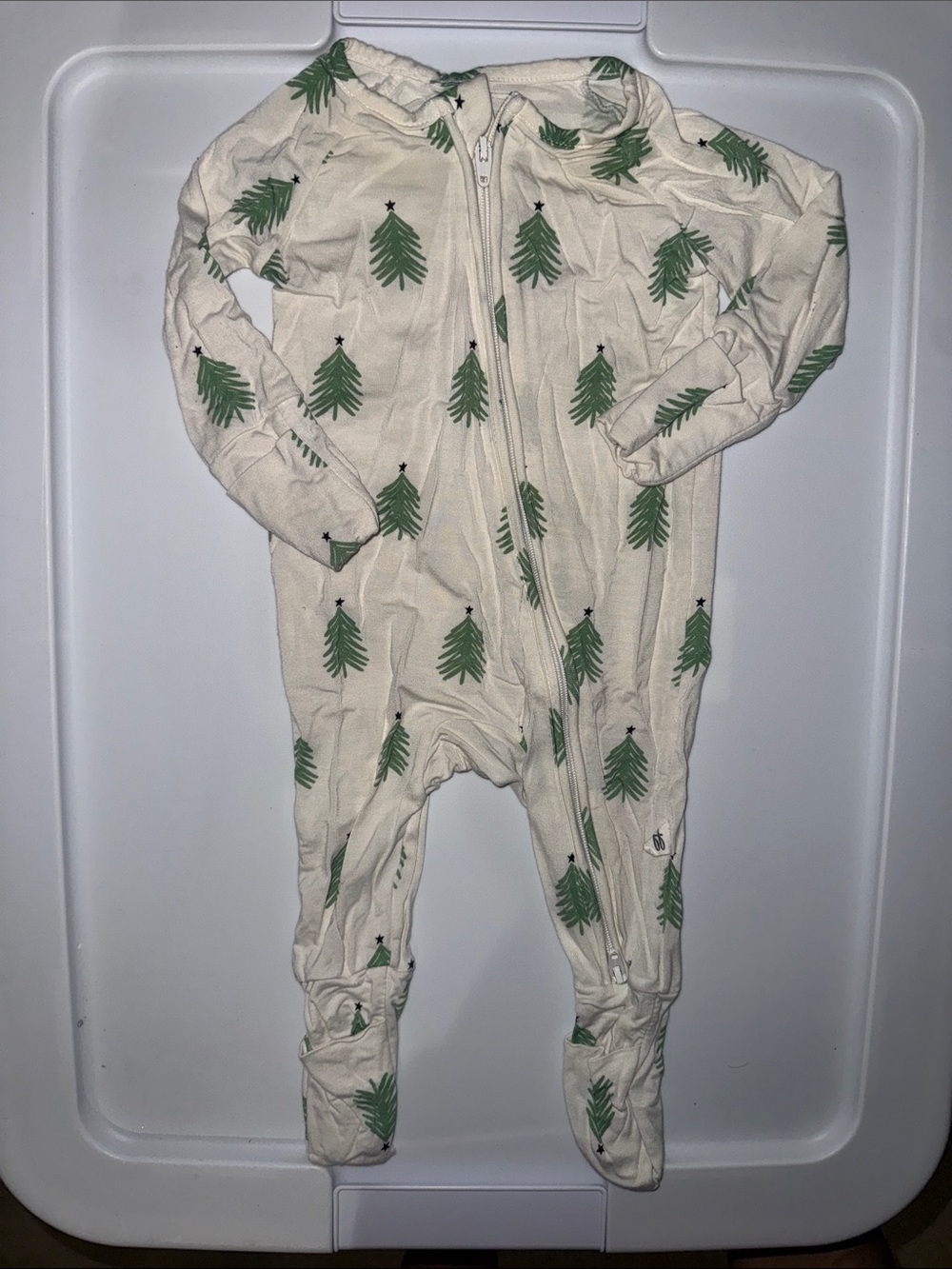 Cream Kids Footed Pajamas with Green Tree Print by
